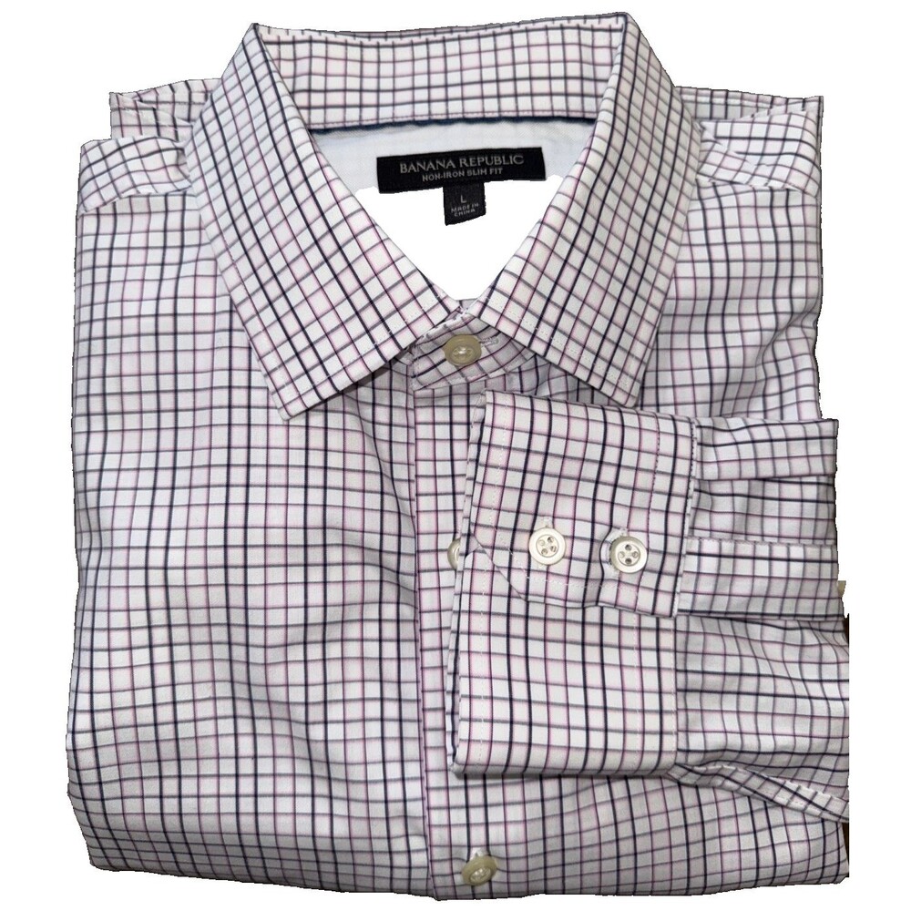 Banana Republic Non-Iron Slim Fit Plaid Button-Down Dress Shirt L 16–16.5 Mens